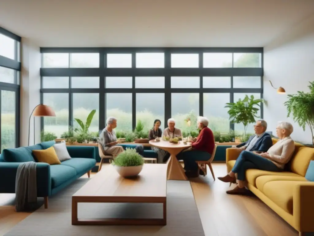 Comunidad feliz en espacio convivencial moderno Invertir en cohousing internacional: Comunidad diversa comparte comida en espacio moderno y acogedor lleno de plantas y luz natural