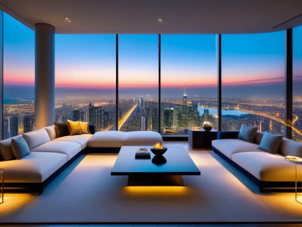 Penthouse de lujo con vista panorámica de la ciudad Diversificación internacional en inmobiliario: lujoso ático moderno con vista panorámica a la ciudad y diseño elegante