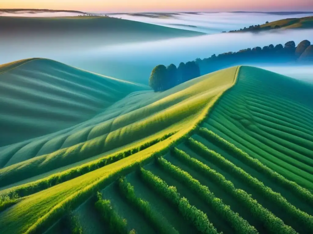 Espléndido paisaje verde: ríos y sol dorado Inversión terrenos sin desarrollar internacional: Paisaje de colinas verdes bajo cielo azul y sol dorado resaltando la belleza natural