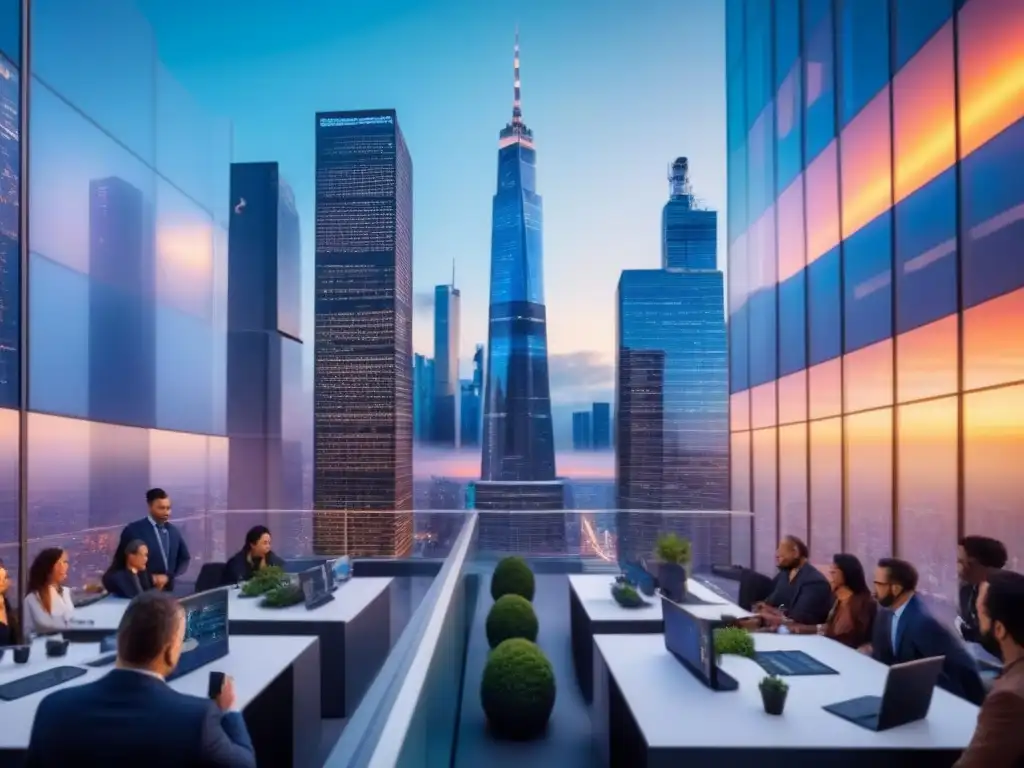Innovación inmobiliaria: profesionales colaborando en ciudad futurista Invertir en PropTech internacional: Profesionales colaborando en futurista ciudad al anochecer, con rascacielos iluminados y pantallas digitales