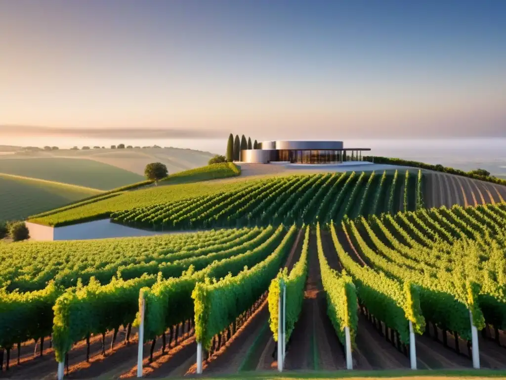 Viñedo futurista: arquitectura vanguardista y tecnología de punta Inversión vinícola internacional tendencias: Una bodega futurista y vanguardista integrada en la naturaleza con tecnología avanzada