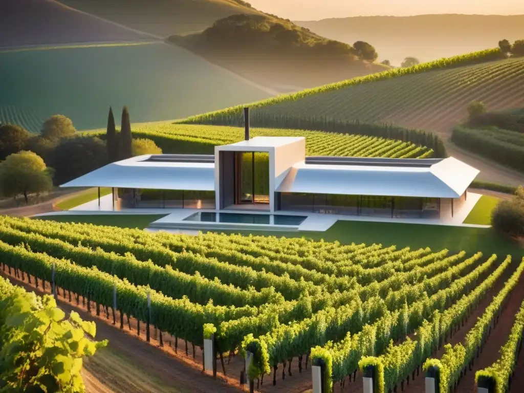 Viñedo futurista: bodega moderna entre viñedos Inversión vinícola internacional tendencias: Bodega futurista en viñedos, diseño geométrico y puestas de sol doradas