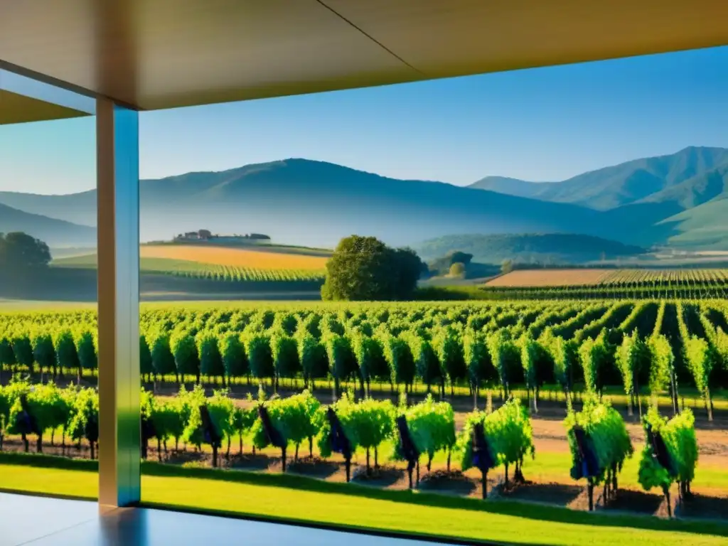Viñedo futurista y sostenible entre montañas Inversión vinícola internacional tendencias: Bodega moderna entre viñedos verdes y montañas majestuosas
