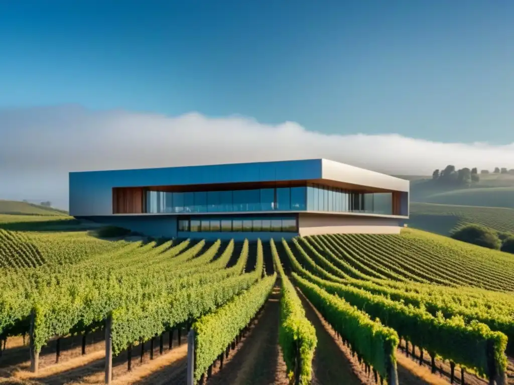 Vista panorámica de bodega moderna entre viñedos Inversión vinícola internacional tendencias: Una bodega moderna entre viñedos, reflejando naturaleza e innovación