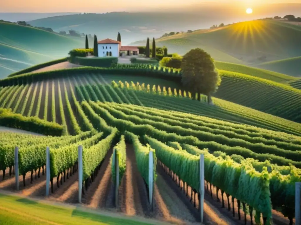 Viñedos dorados al atardecer: inversión en la industria del vino Inversión vinícola internacional tendencias: Majestuosa vista aérea de viñedos en colinas al atardecer, con un cálido resplandor dorado