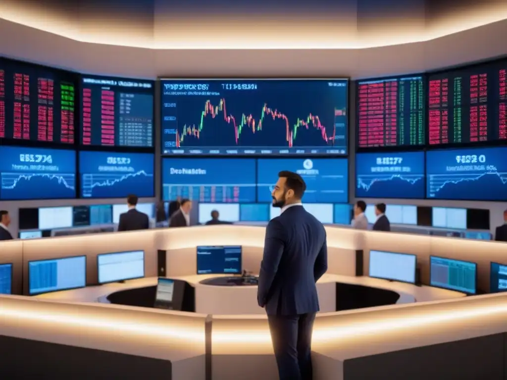 Intenso mercado de valores con inversores y pantallas Invertir en REITs internacionales en una bulliciosa bolsa de valores, traders, pantallas y precios dinámicos