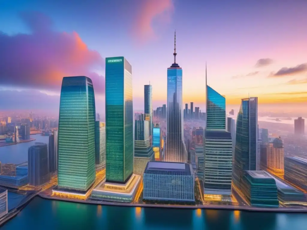 Inversiones inmobiliarias internacionales: REITs en la ciudad Invertir en REITs internacionales: Diversidad de rascacielos con inversionistas analizando datos financieros en una ciudad vibrante
