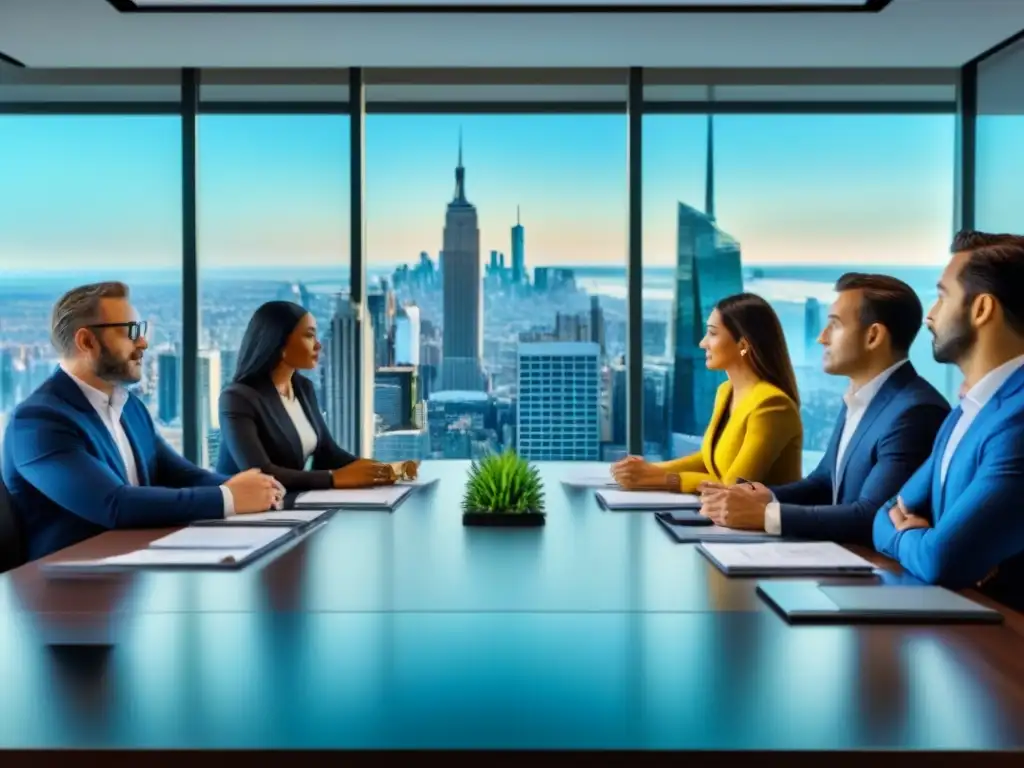 Inversionistas internacionales enfocados en estrategias financieras Inversión terrenos sin desarrollar internacionales: Inversionistas en reunión estratégica con datos financieros y mapas en oficina moderna