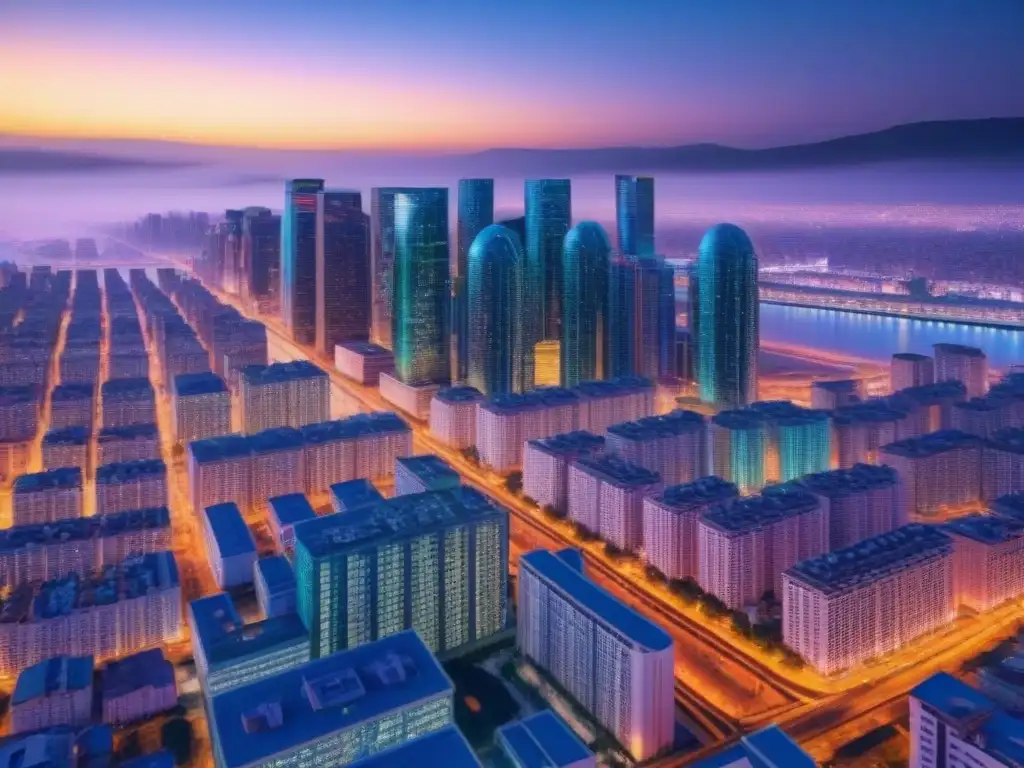 Vigilancia futurista: red de datos en detección de fraudes inmobiliarios Intrincada red de datos en la ciudad nocturna, simbolizando la detección de fraudes inmobiliarios con inteligencia artificial