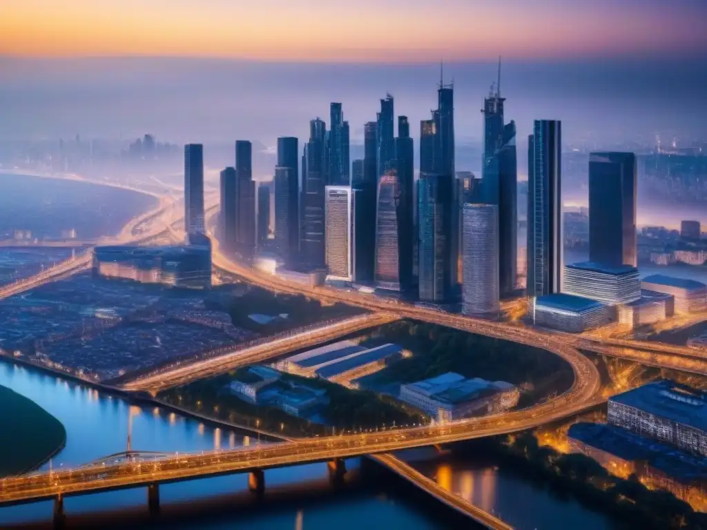 Metrópolis moderna: luces y arquitectura en la red global Intrincada red de rutas y rascacielos en la ciudad, reflejando dilemas éticos mercado inmobiliario global