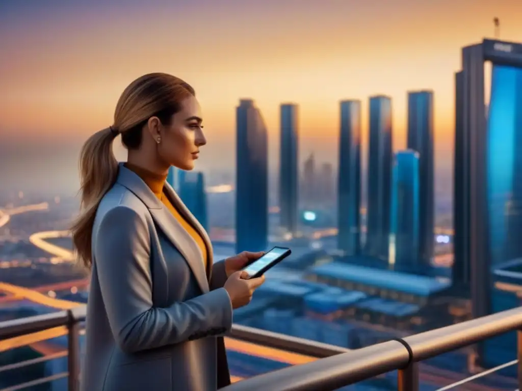 Inversión en bienes raíces internacionales: Ciudad moderna al atardecer, con rascacielos luminosos y jóvenes profesionales visionarios