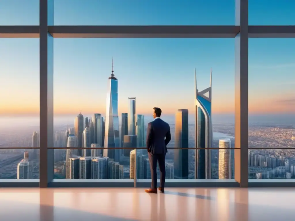 Espléndido skyline urbano: inversión inmobiliaria internacional de lujo Inversión en bienes raíces internacionales: Impresionante skyline de ciudad moderna con rascacielos y condominios de lujo