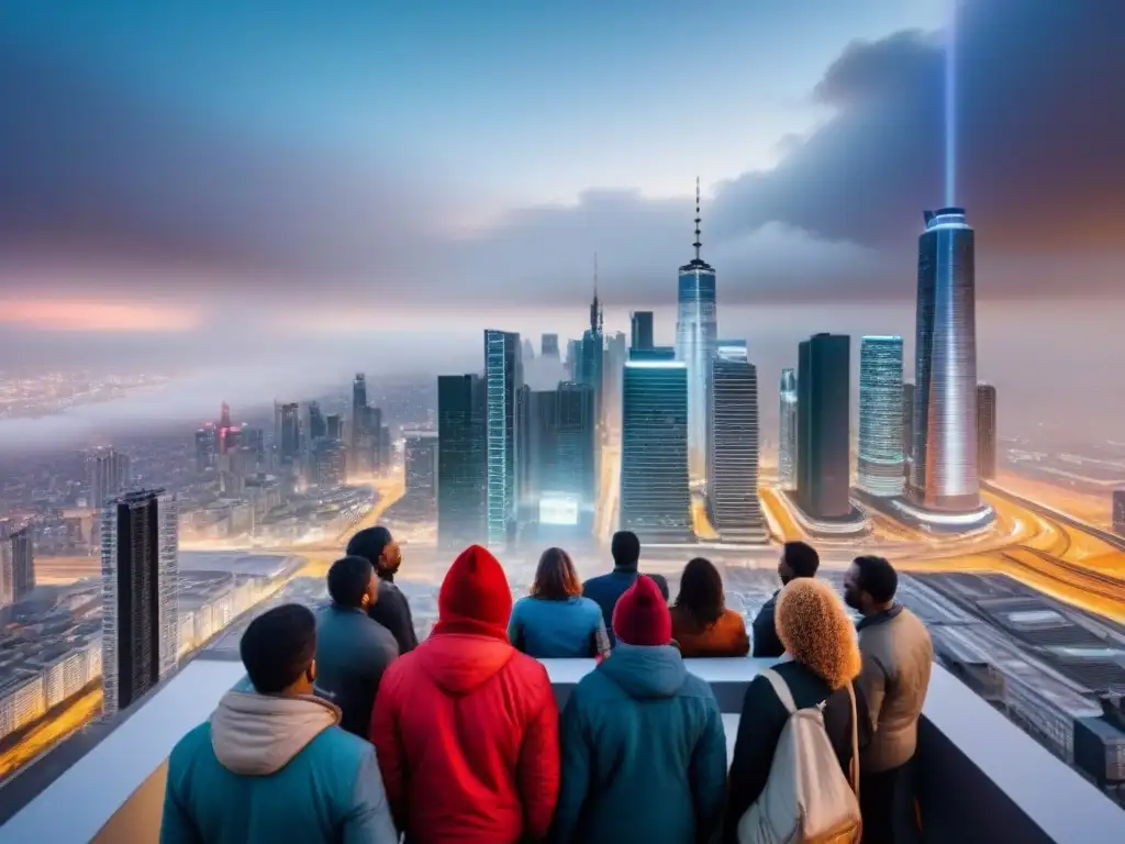 Inversión en bienes raíces internacionales: Jóvenes empresarios conversan frente a la moderna ciudad iluminada al anochecer