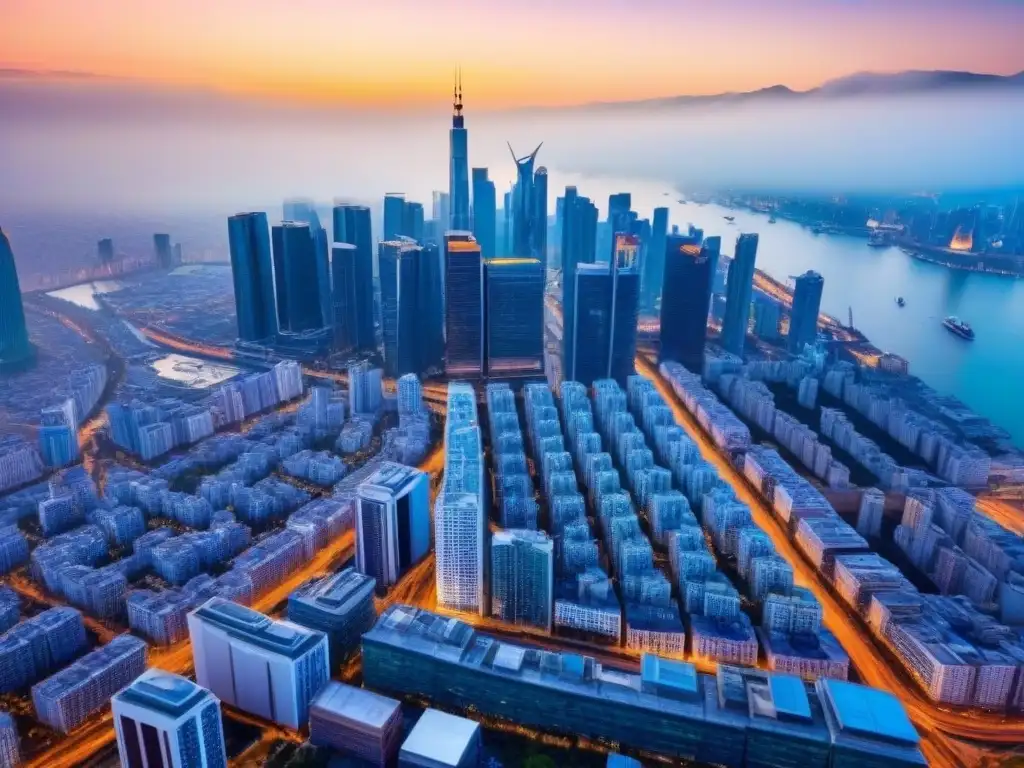Metrópolis emergente: mezcla de modernidad y tradición en auge Inversión en bienes raíces internacionales: Vista aérea impresionante de una ciudad emergente con rascacielos modernos y arquitectura tradicional