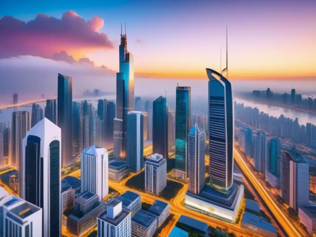 Oportunidades de Inversión Global: Ciudad Emergente al Atardecer Inversión en bienes raíces internacionales: Grupo diverso de inversores discutiendo y señalando hacia un horizonte urbano vibrante al atardecer
