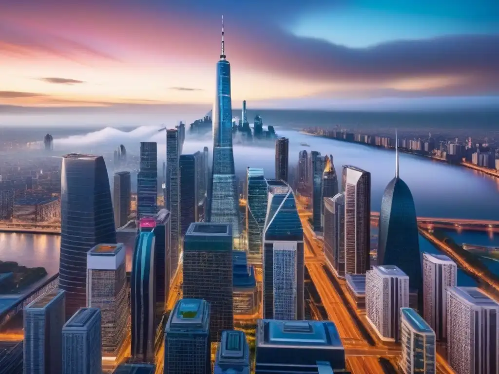 Metrópolis futurista: lujo y prosperidad en skyline moderno Inversión en bienes raíces internacionales: Una metrópolis futurista con rascacielos, autos lujosos y un río brillante