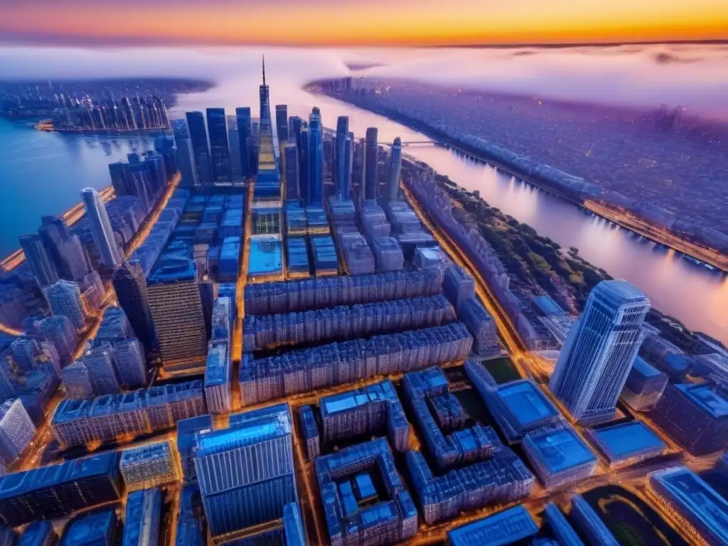 Espléndida vista aérea de una ciudad al atardecer Inversión en bienes raíces internacionales: Ciudad vibrante al atardecer, mezcla de arquitectura moderna y clásica, río reflejando el sol dorado