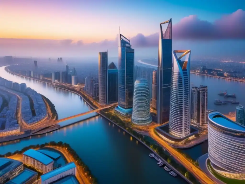 Cityscape vibrante al anochecer: luces, calles y río brillantes Inversión en bienes raíces internacionales: Una ciudad vibrante iluminada por la noche, reflejando éxito y prosperidad
