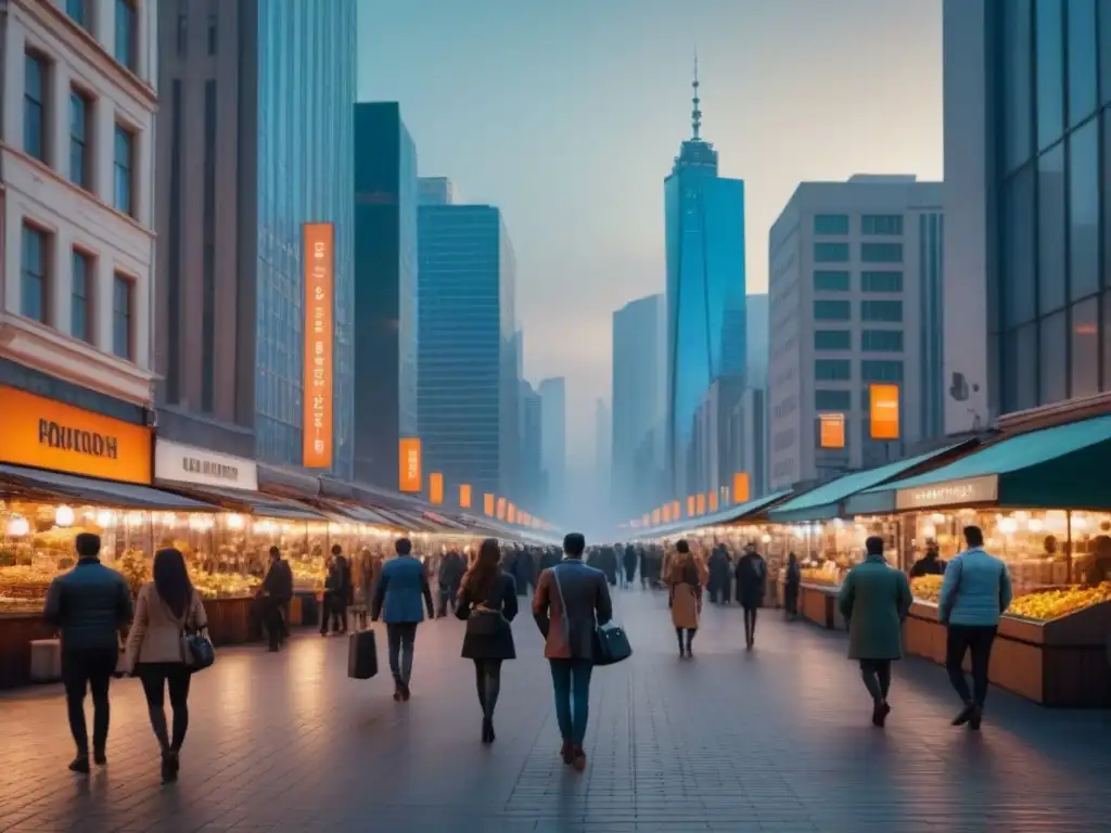 Cityscape moderno al atardecer: mercado inmobiliario internacional en evolución Inversión en bienes raíces internacionales: Ciudad moderna iluminada al atardecer, con rascacielos y cafés elegantes