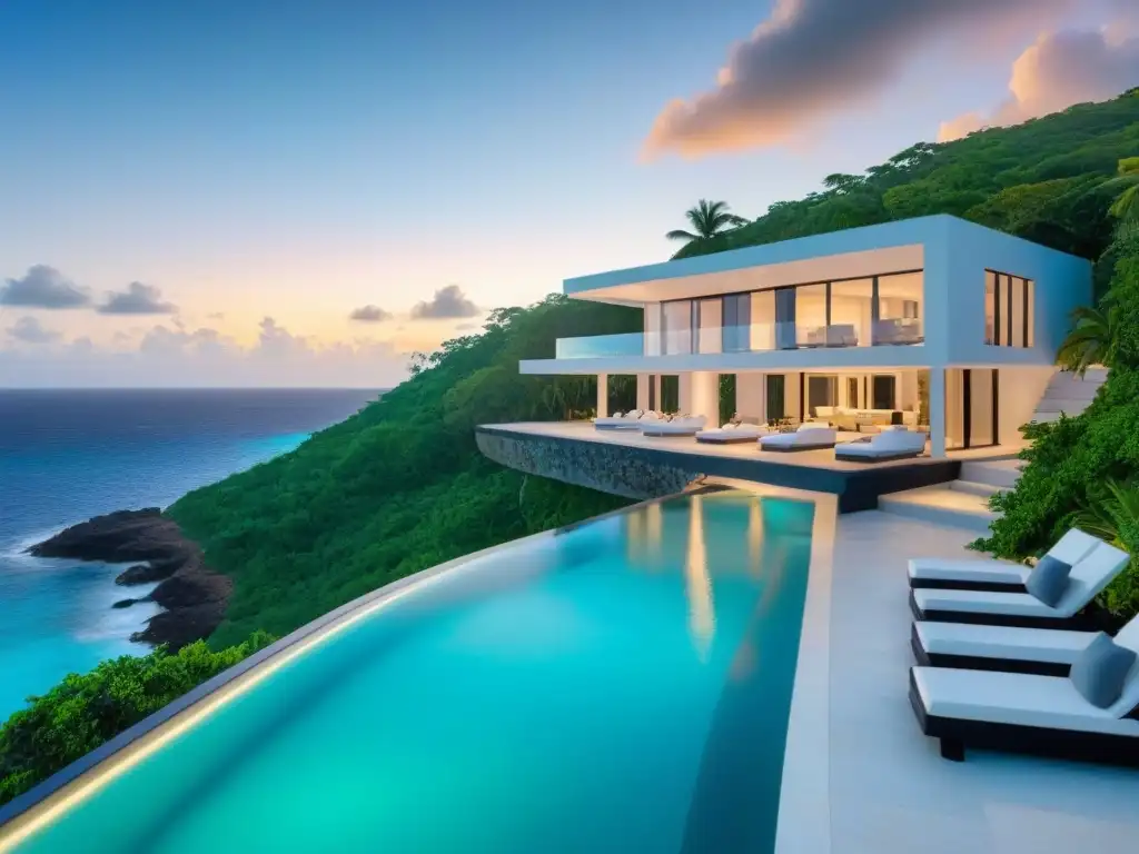 Villa de lujo en acantilado: exclusividad caribeña Inversión en bienes raíces de lujo en el Caribe: Villa moderna de lujo en acantilado con vista al mar turquesa al atardecer