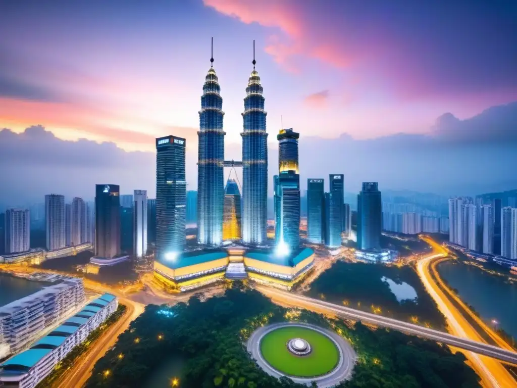 Paisaje urbano de Kuala Lumpur con las Torres Petronas al atardecer Inversión en bienes raíces Malasia: Atardecer vibrante en Kuala Lumpur con las Torres Petronas y la bulliciosa ciudad