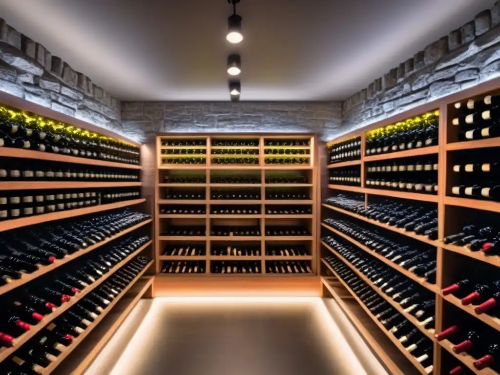 Cava de vinos de lujo con colección internacional Inversión en bodegas internacionales: Bodega de vinos moderna y lujosa con botellas alineadas y luz ambiental suave
