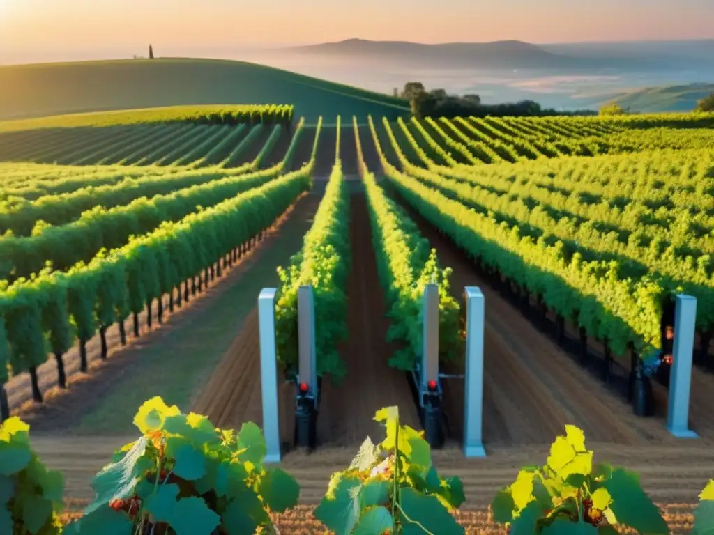 Avanzado sistema de gestión de viñedos en acción al atardecer Inversión en bodegas internacionales: Imagen de alta resolución de un viñedo automatizado al atardecer, fusionando tecnología y naturaleza