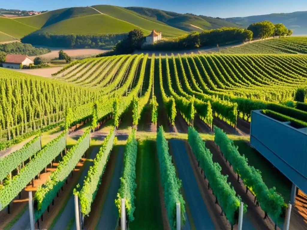 Inversión vinícola internacional: viñedo espectacular en valle exuberante Inversión en bodegas internacionales: Viñedo pintoresco en valle frondoso, filas ordenadas bajo cielo azul brillante