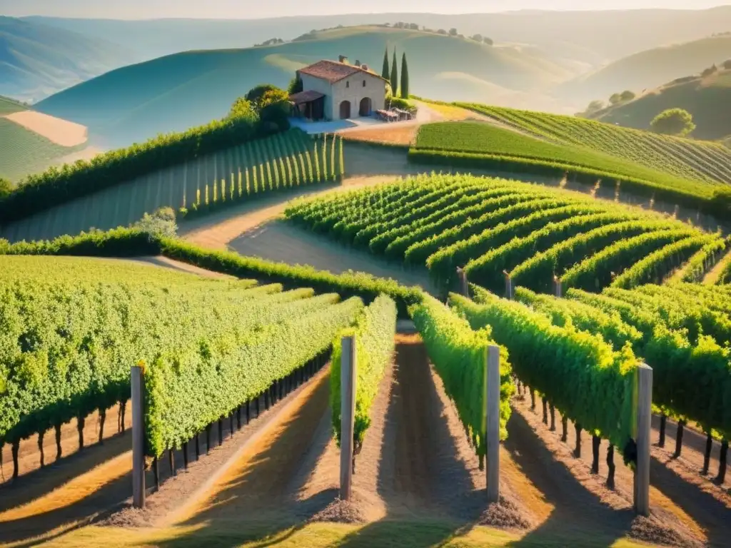 Inversión vinícola internacional: viñedo elegante entre colinas Inversión en bodegas internacionales: Viñedo pintoresco en colinas, filas de uvas bajo el sol dorado, bodega de diseño moderno al fondo