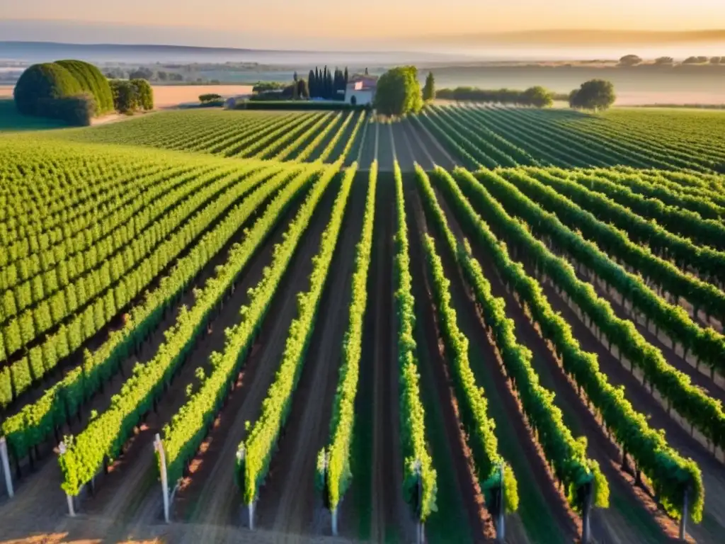 Viñedo al atardecer: tradición e innovación en la inversión vinícola Inversión en bodegas internacionales: Viñedo al atardecer con hileras de viñas doradas y una bodega moderna al fondo