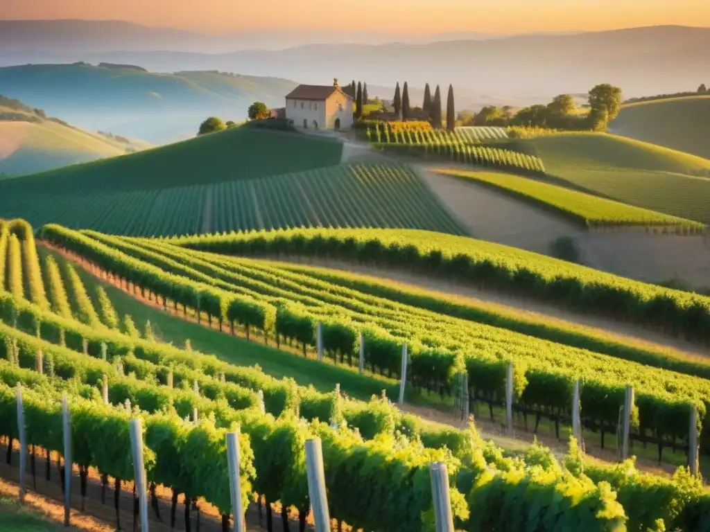Viñedos dorados al atardecer: inversión moderna en internacional vinos Inversión en bodegas internacionales: Viñedos exuberantes en la luz dorada del atardecer, con una antigua bodega de piedra al centro