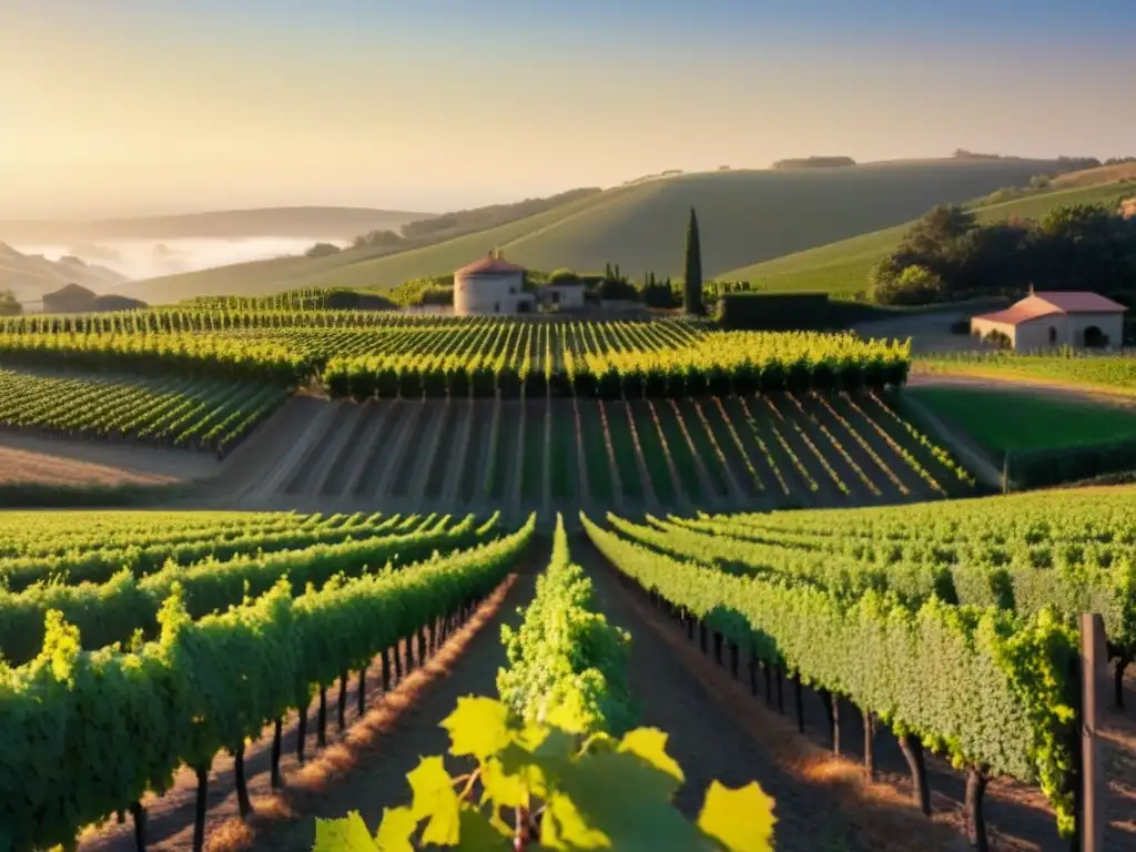 Viñedo al Amanecer: Belleza y Potencial en la Tierra del Vino Inversión en bodegas y viñedos en mercado internacional, amanecer en viñedo con moderna bodega al fondo