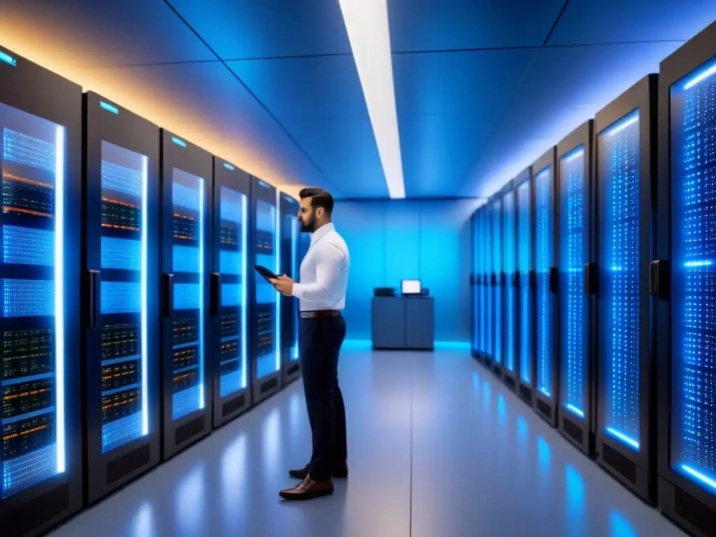 Inversión en centros de datos: Un centro de datos de vanguardia con servidores ordenados y luz azul suave, tecnología innovadora y eficiencia