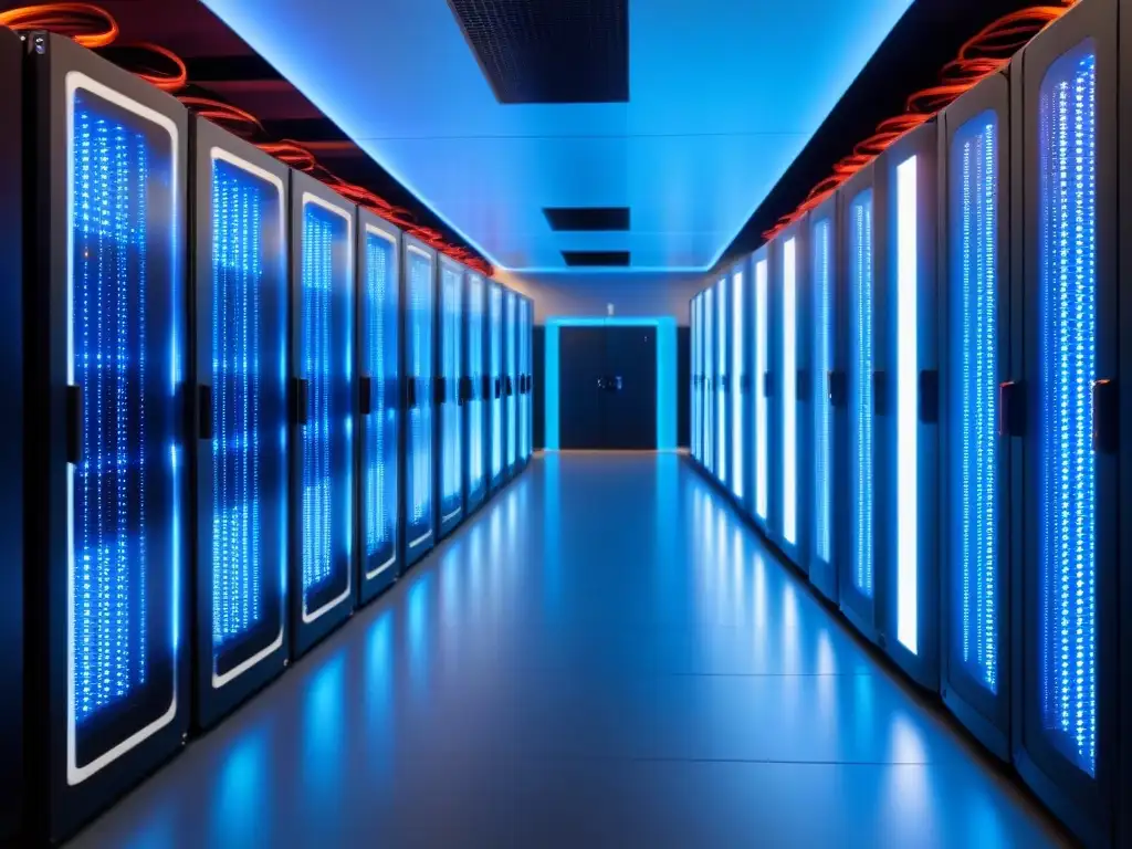 Inversión en centros de datos: Sala de servidores hightech con luces parpadeantes y cables interconectados, bañada en luz azul futurista