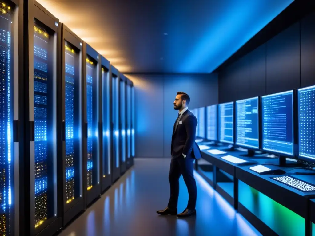 Inversión en centros de datos: Sala de servidores futurista, con ingenieros monitoreando equipos en un ambiente hightech y sofisticado