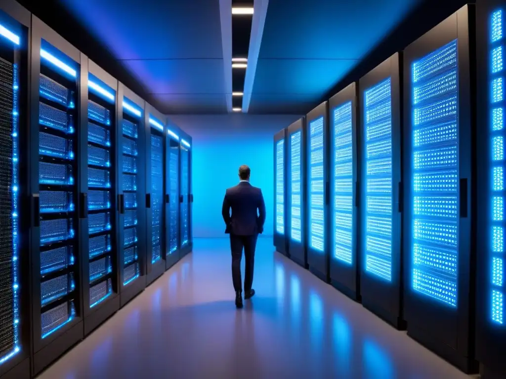Inversión en centros de datos: sala de servidores futurista con tecnología de vanguardia y un sistema de enfriamiento sofisticado, bañada en luz azul