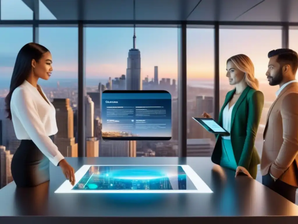 Inversión inmobiliaria millennial: reunión futurista y colaborativa Inversión colectiva bienes raíces Millennials reunidos alrededor de holograma futurista en oficina contemporánea