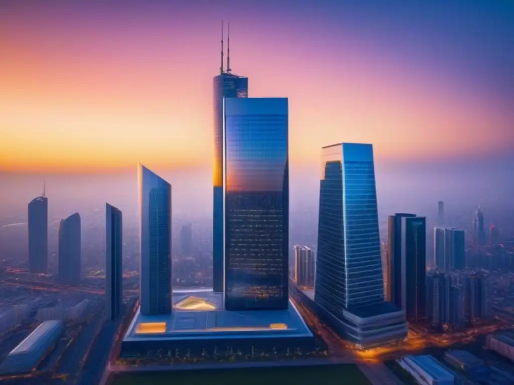 Horizonte urbano futurista: rascacielos innovadores en atardecer vibrante Inversión colectiva en el mercado inmobiliario: skyline futurista con rascacielos innovadores y atardecer vibrante
