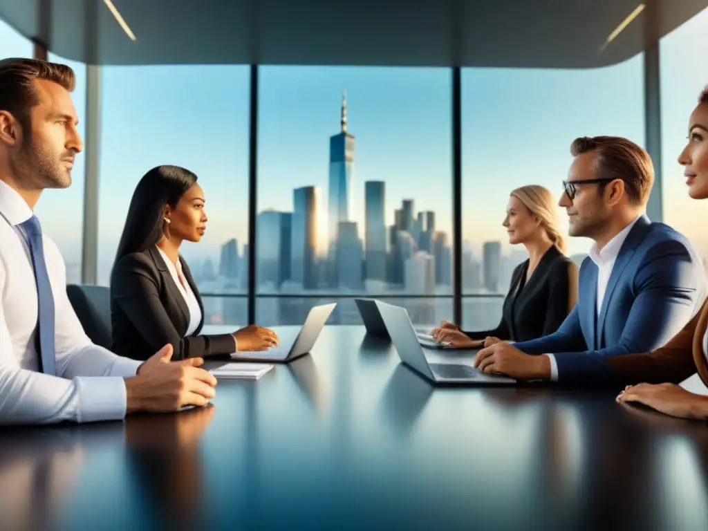 Inversores globales en sala de juntas: diversidad y colaboración Inversión comercial global: inversores diversos en una sala de juntas moderna con tecnología de punta, discutiendo con vista a la ciudad