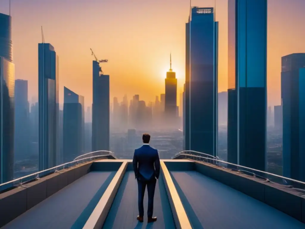 Horizonte urbano moderno al atardecer: dinamismo y lujo Inversión comercial mercado inmobiliario internacional: Atardecer dorado ilumina rascacielos y calles bulliciosas de una ciudad moderna