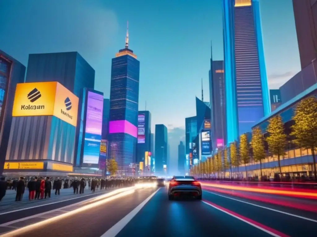 Horizonte urbano moderno iluminado: metrópolis vibrante al anochecer Inversión comercial mercado inmobiliario internacional: Ciudad moderna iluminada con rascacielos y gente sofisticada al atardecer
