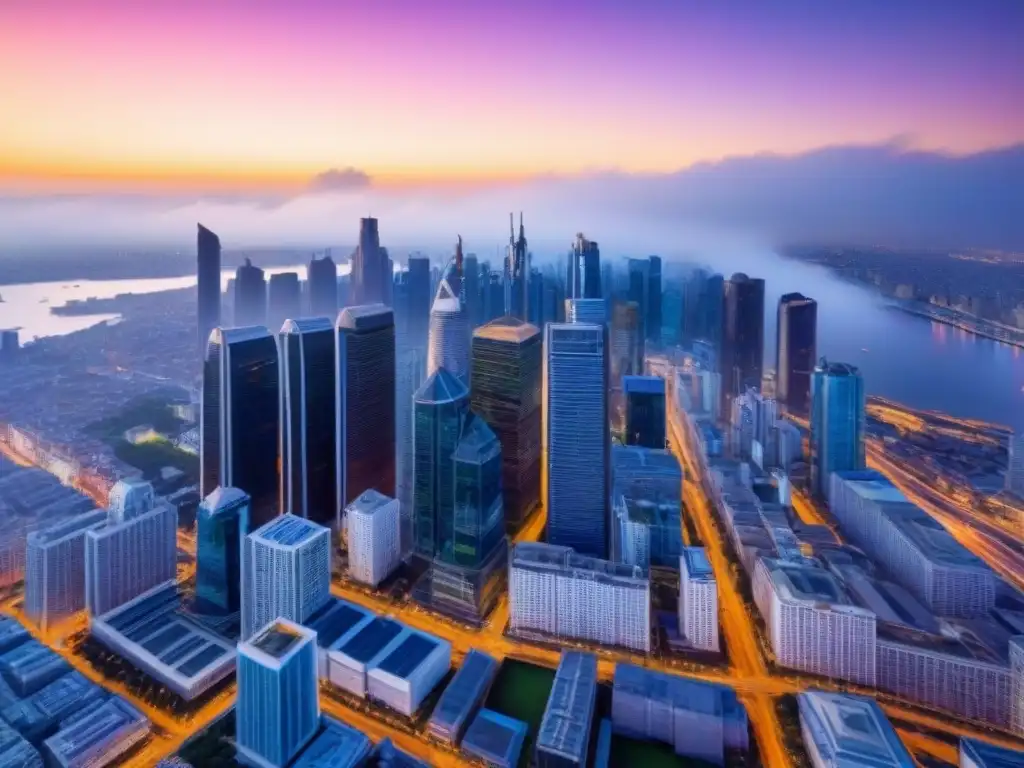 Espléndido atardecer urbano: inversión inmobiliaria global Inversión comercial en un skyline urbano al atardecer, con rascacielos modernos y luces de ciudad vibrantes