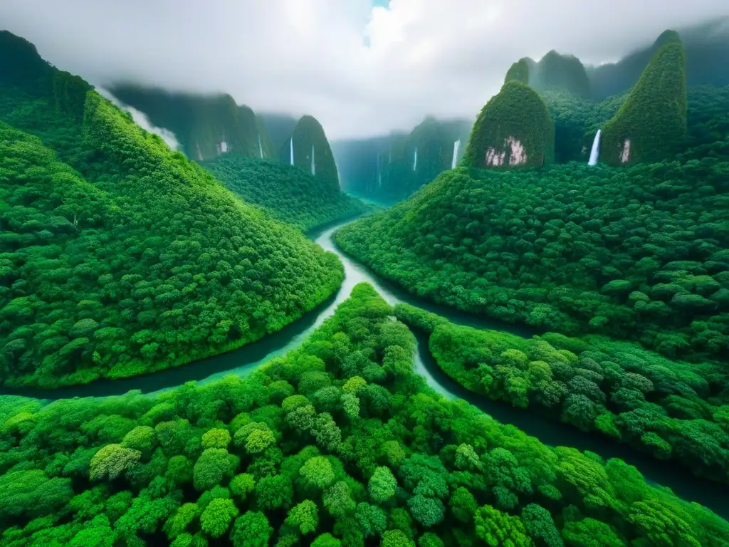 Esplendor tropical: vista panorámica de selva exuberante en 8k Inversión en complejos turísticos ecológicos: Vista panorámica de la exuberante selva tropical desde arriba, con ríos serpenteantes y cascadas