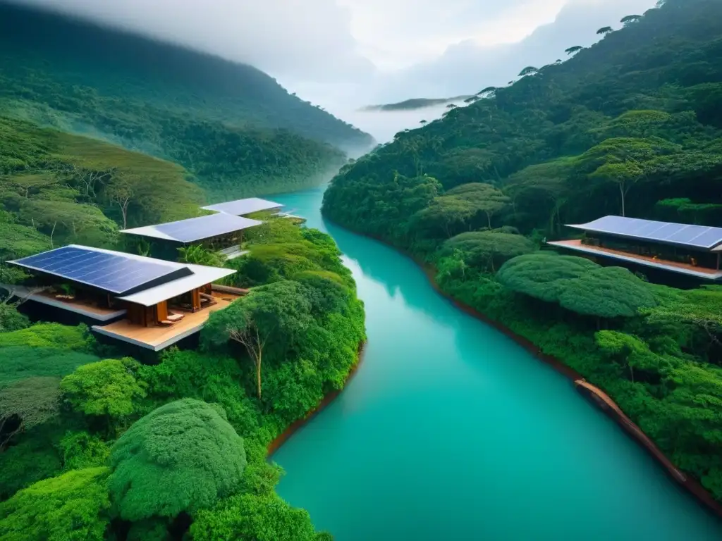Ecoresort sostenible en la selva: lujo y naturaleza Inversión en complejos turísticos ecológicos: Resort sostenible en la selva tropical con arquitectura moderna integrada a la naturaleza