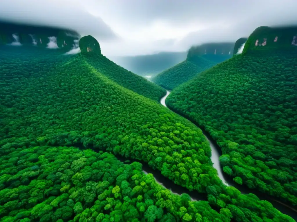 Selva tropical virgen: belleza natural para turismo ecológico Inversión en complejos turísticos ecológicos: Vista aérea de exuberante selva tropical, río serpenteante y verdor vibrante