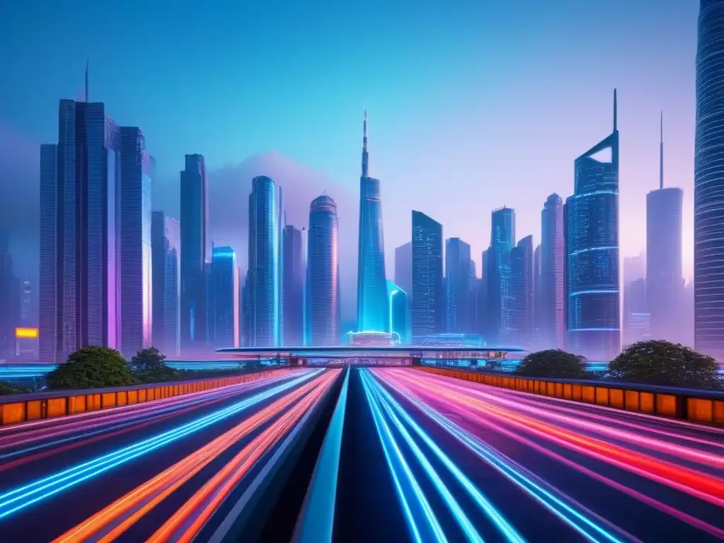 Metrópolis futurista: luces neón, criptomonedas y tecnología avanzada Inversión en criptomonedas y bienes raíces: Futurista ciudad nocturna con luces neon y hologramas