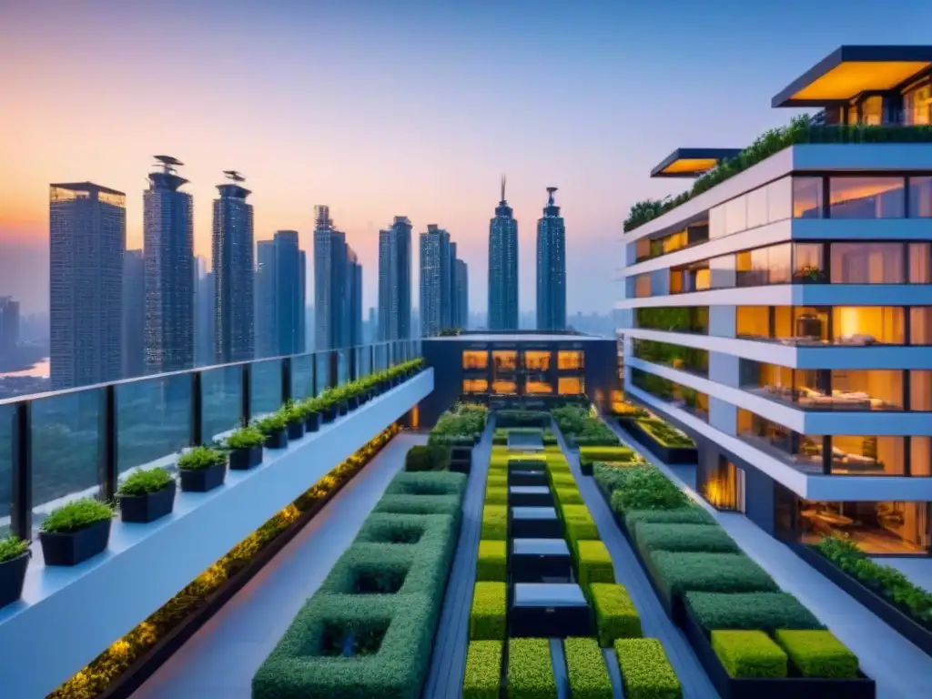 Complejo residencial de lujo con jardines verdes y diseño innovador en la ciudad al atardecer Inversión en desarrollos inmobiliarios integrados: complejo residencial moderno con fachadas de vidrio y jardines en la azotea, en el atardecer de la ciudad