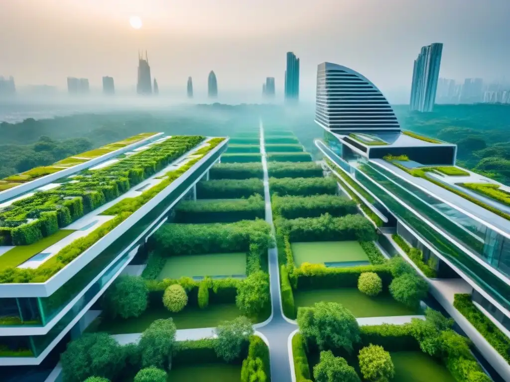Diseño urbano vanguardista con arquitectura innovadora y sostenible Inversión en desarrollos inmobiliarios integrados: paisaje urbano futurista con edificios de diseño y naturaleza exuberante