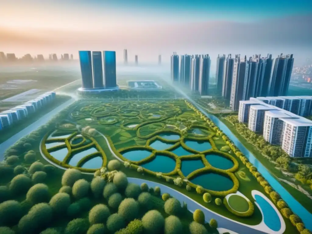 Desarrollo inmobiliario vanguardista: arquitectura innovadora y naturaleza integradas Inversión en desarrollos inmobiliarios integrados: Vista aérea futurista de un innovador complejo inmobiliario con diseño arquitectónico vanguardista
