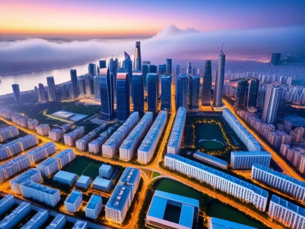 Deslumbrante ciudad moderna al atardecer: real estate innovador Inversión en desarrollos inmobiliarios internacionales: Ciudad vibrante con modernos rascacielos y diseño sostenible al atardecer